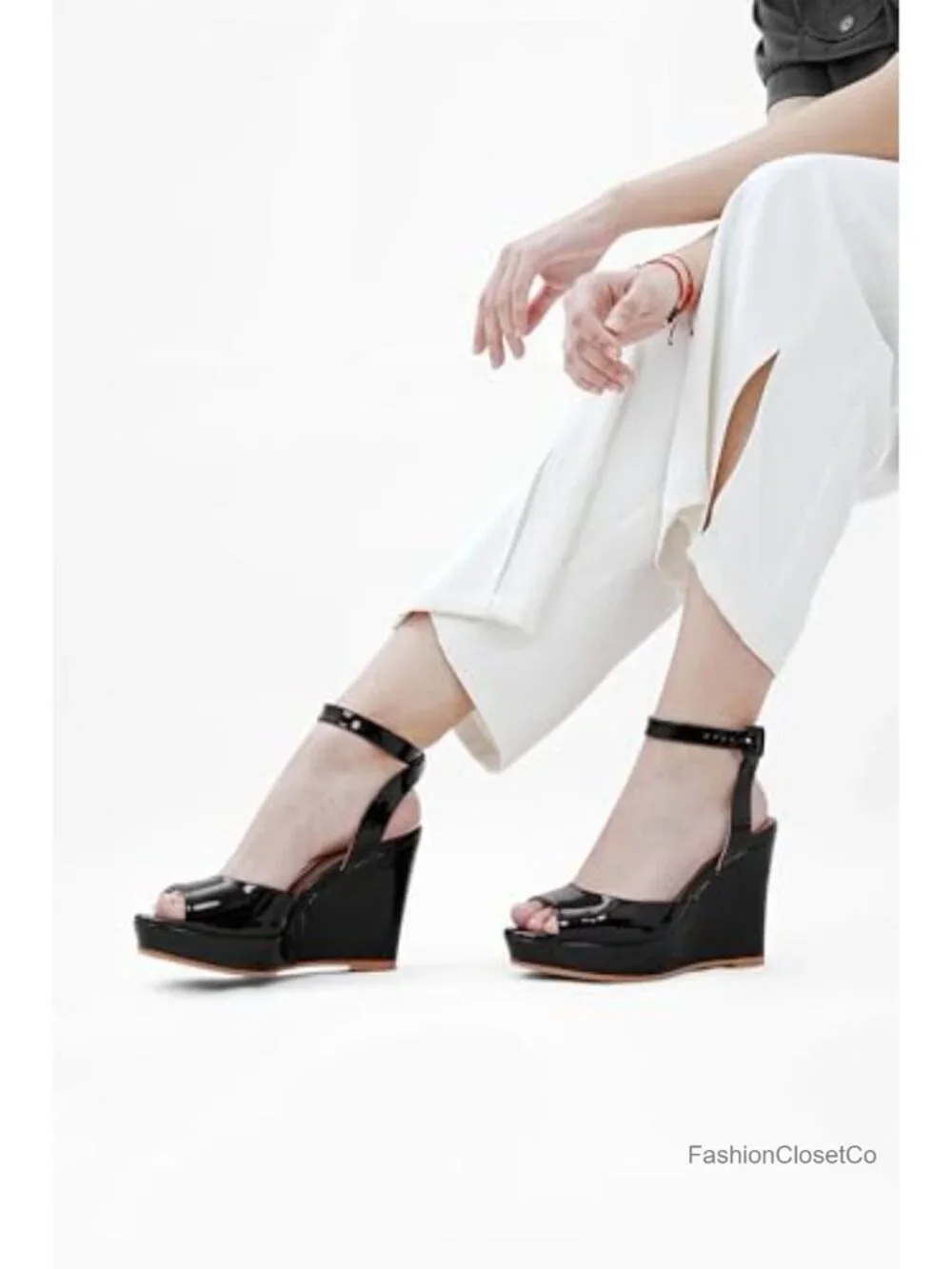 Women's Platform Wedge Sandals Patent Leather Peep Toe Ankle Strap Heels